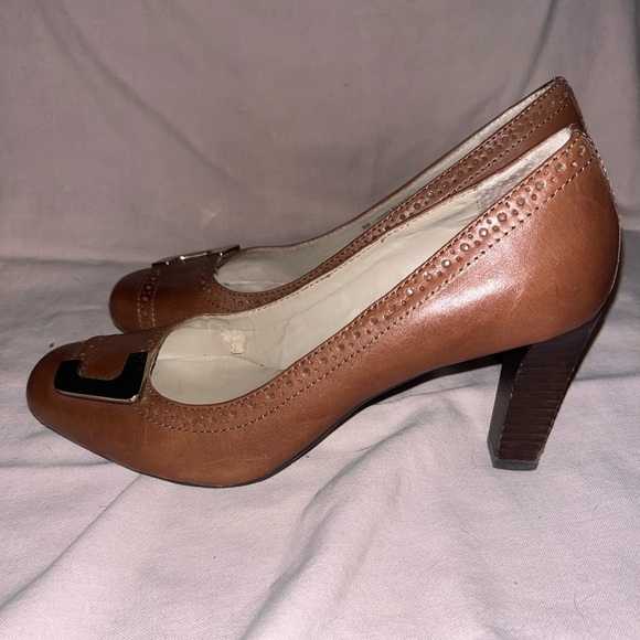 Franco Sarto Brown High Heel Pumps with Gold Buckle Accent - Picture 5 of 9